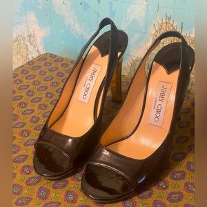 Jimmy Choo Black Patent Leather Slingback Peep-Toe Heels